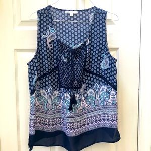 Sleeveless Boho Blouse Navy White Print Sz PM